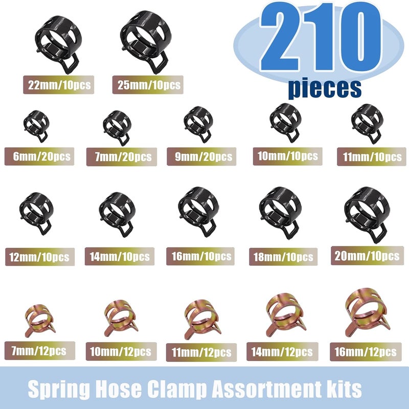Tnisesm 210Pcs 6-25mm Spring Band Hose Clamps Assortment kits with Swivel Flat Hose Clamp Plier, Spring Band Type Fuel Line Silicone Vacuum Hose Steel Clamp,Low Pressure Air Clip Clamp - Image 3
